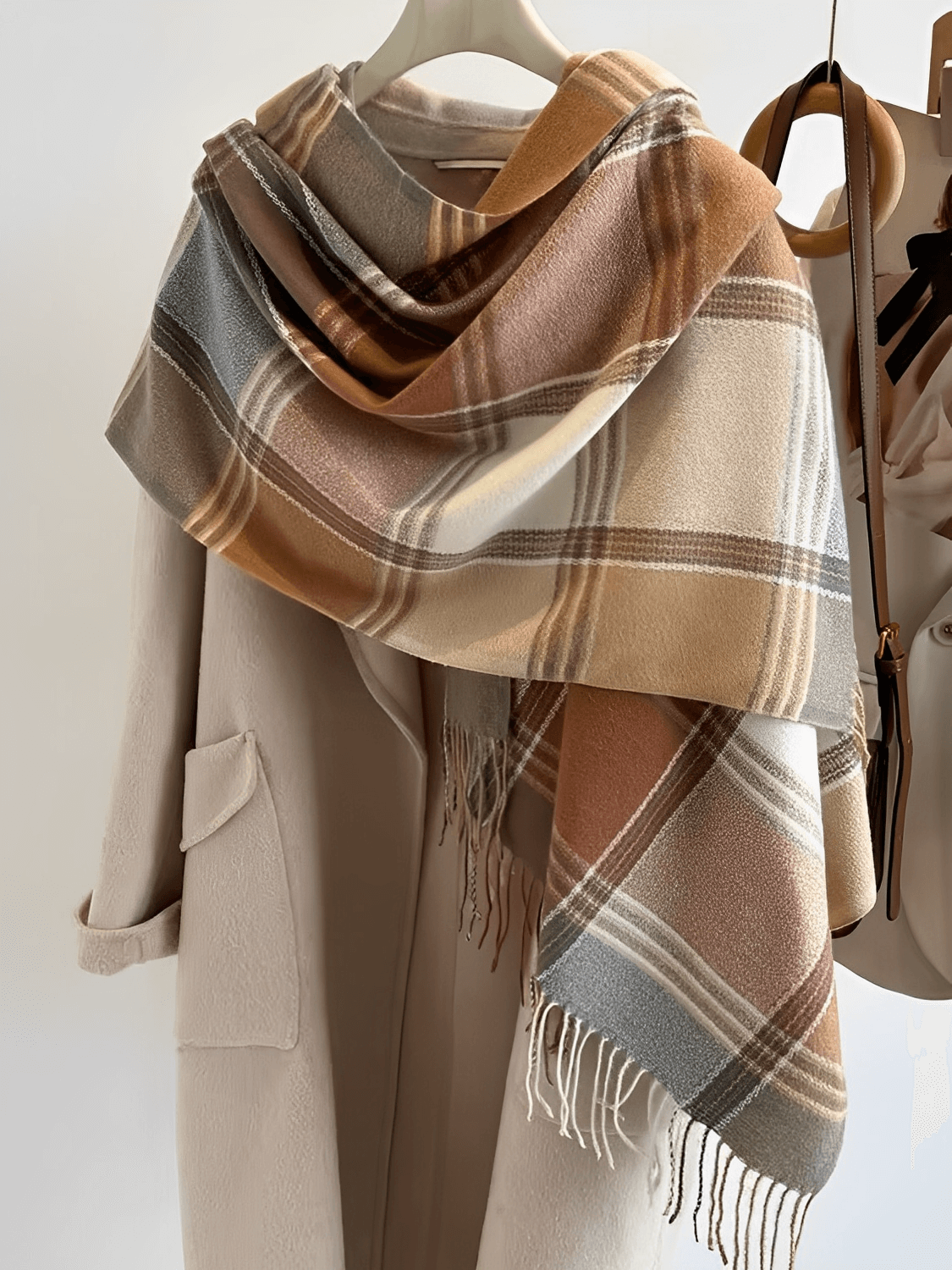 Cachecol em Caxemira com Estampa Xadrez Clássico e Franjas – Nadine