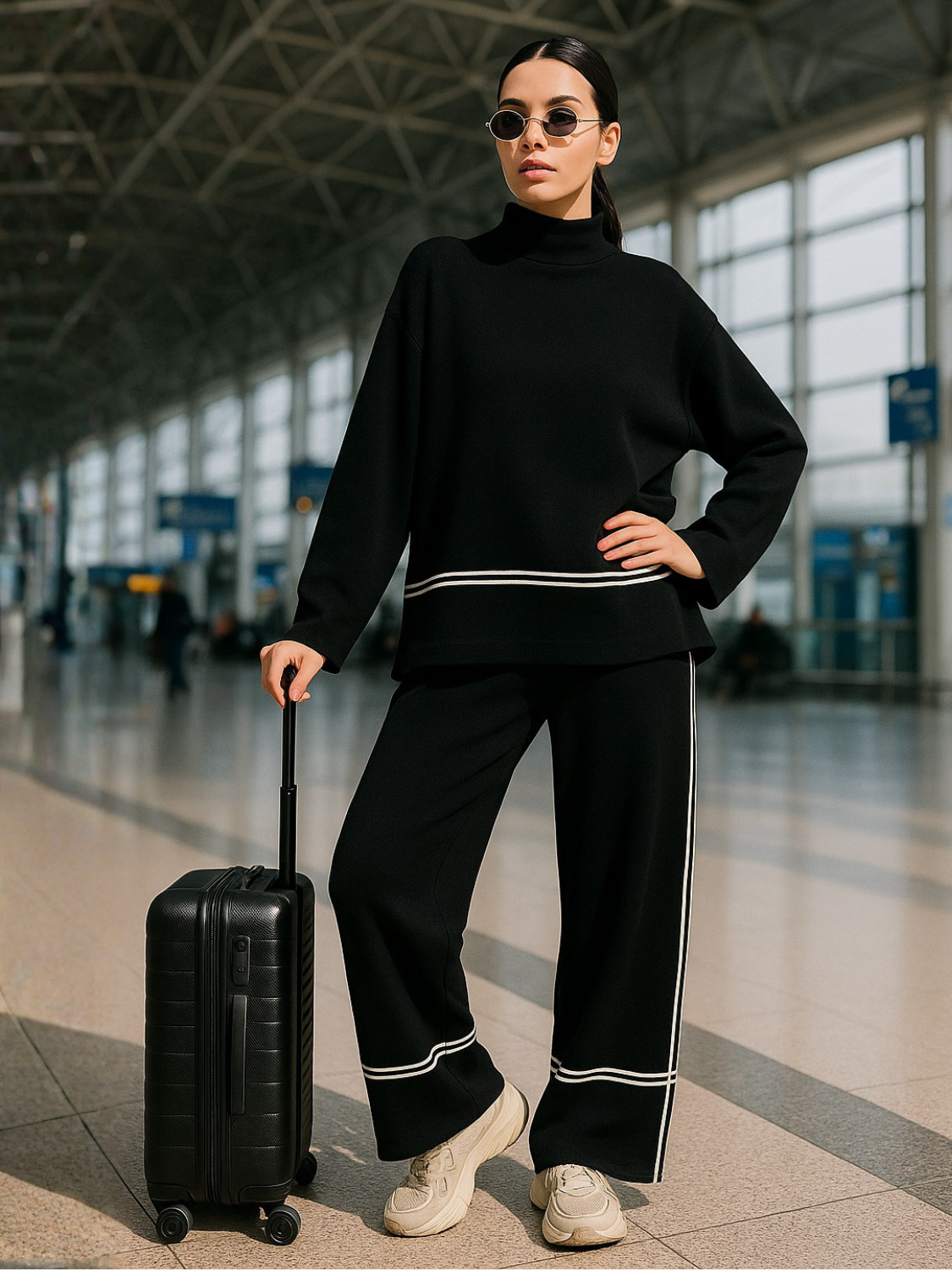 Conjunto Feminino Tricô Kim – Suéter Mullet Gola Alta + Calça Conforto Premium