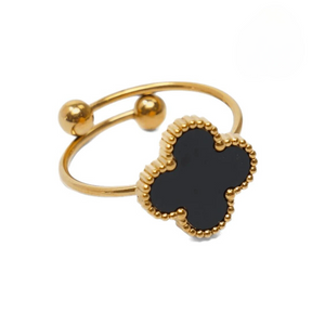 Anel Trevo Preto Ajustável Banhado a Ouro 18K
