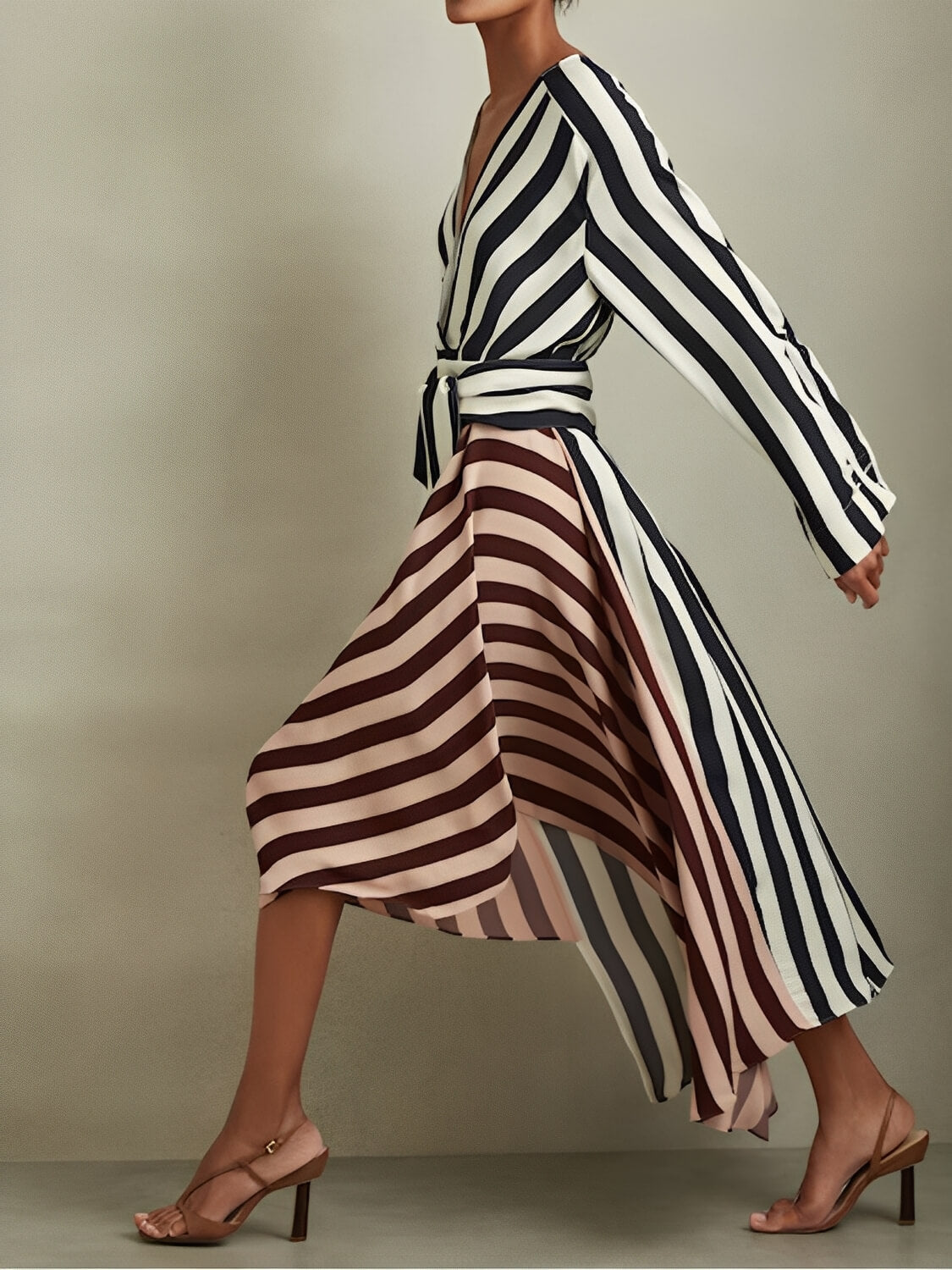 Vestido Mullet Listrado Manga Longa com Decote V Bicolor - Maris