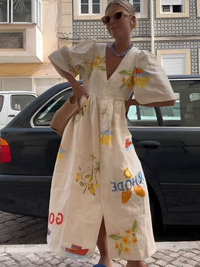 Vestido Midi com Estampa Floral Decote V  e Manga Bufante - Nathalia