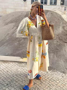 Vestido Midi com Estampa Floral Decote V  e Manga Bufante - Nathalia