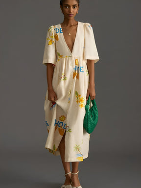 Vestido Midi com Estampa Floral Decote V  e Manga Bufante - Nathalia