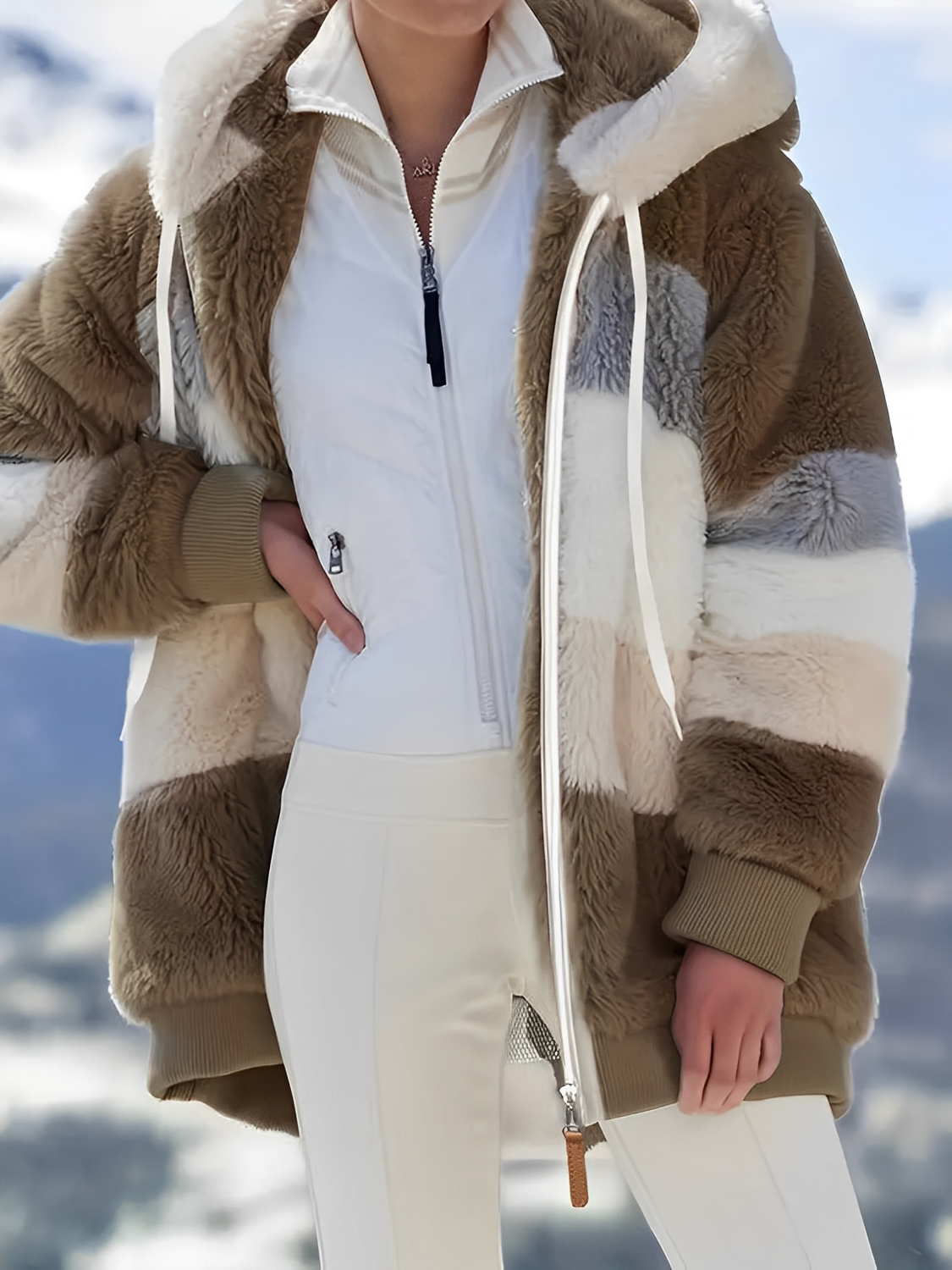 Casaco Peluciado com Capuz Bolsos e Zíper Frontal  – Adara