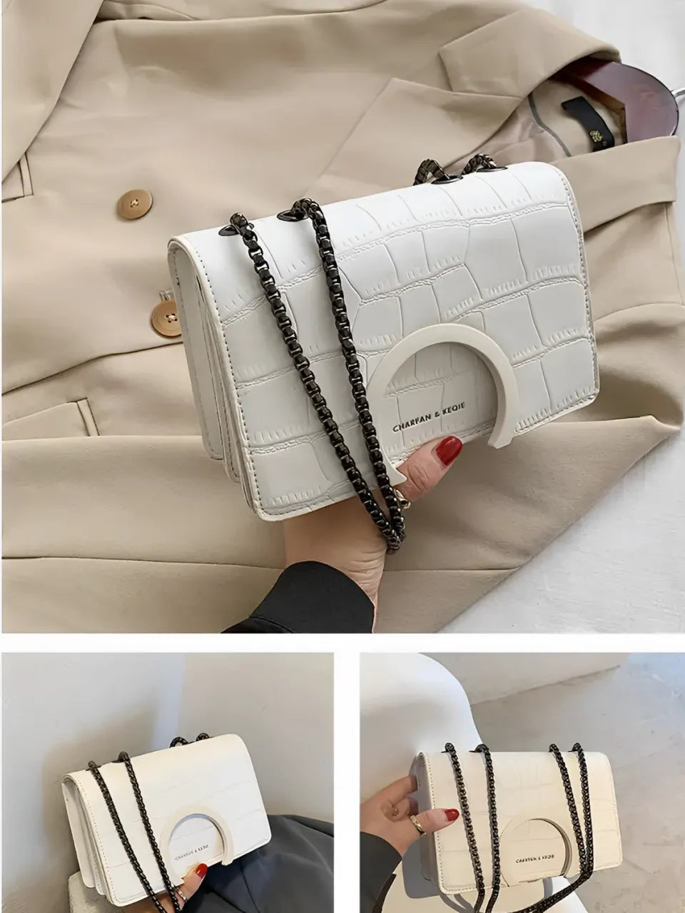 Bolsa Transversal em Couro PU com Correntes e Fecho Magnético - Anne