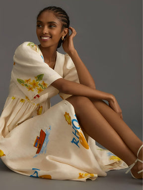 Vestido Midi com Estampa Floral Decote V  e Manga Bufante - Nathalia