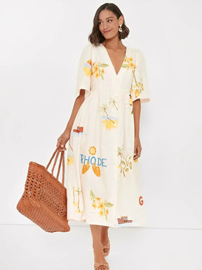 Vestido Midi com Estampa Floral Decote V  e Manga Bufante - Nathalia