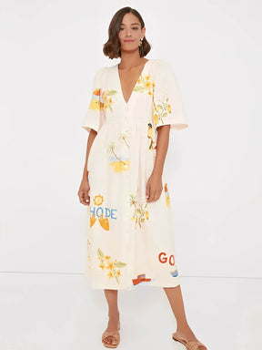 Vestido Midi com Estampa Floral Decote V  e Manga Bufante - Nathalia