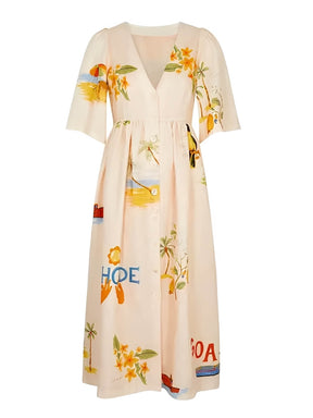 Vestido Midi com Estampa Floral Decote V  e Manga Bufante - Nathalia