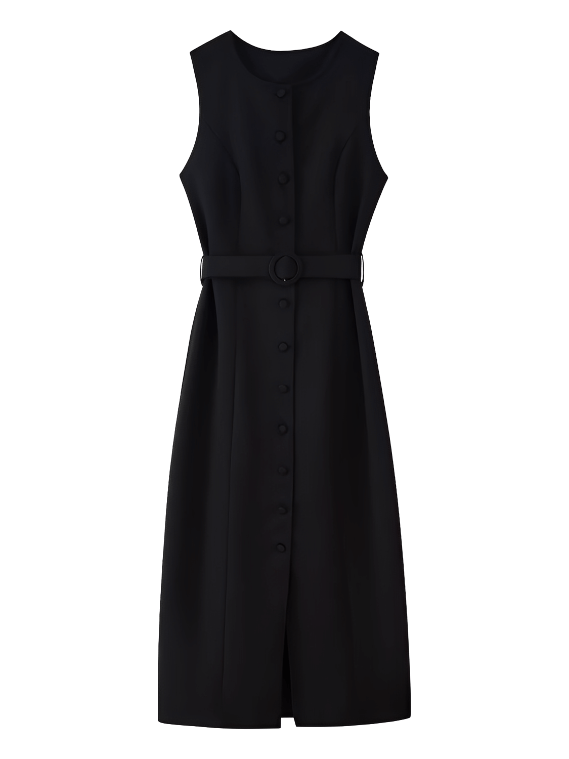 Vestido Midi Sem Mangas com Botões Forrados Cinto e Fenda – Selena