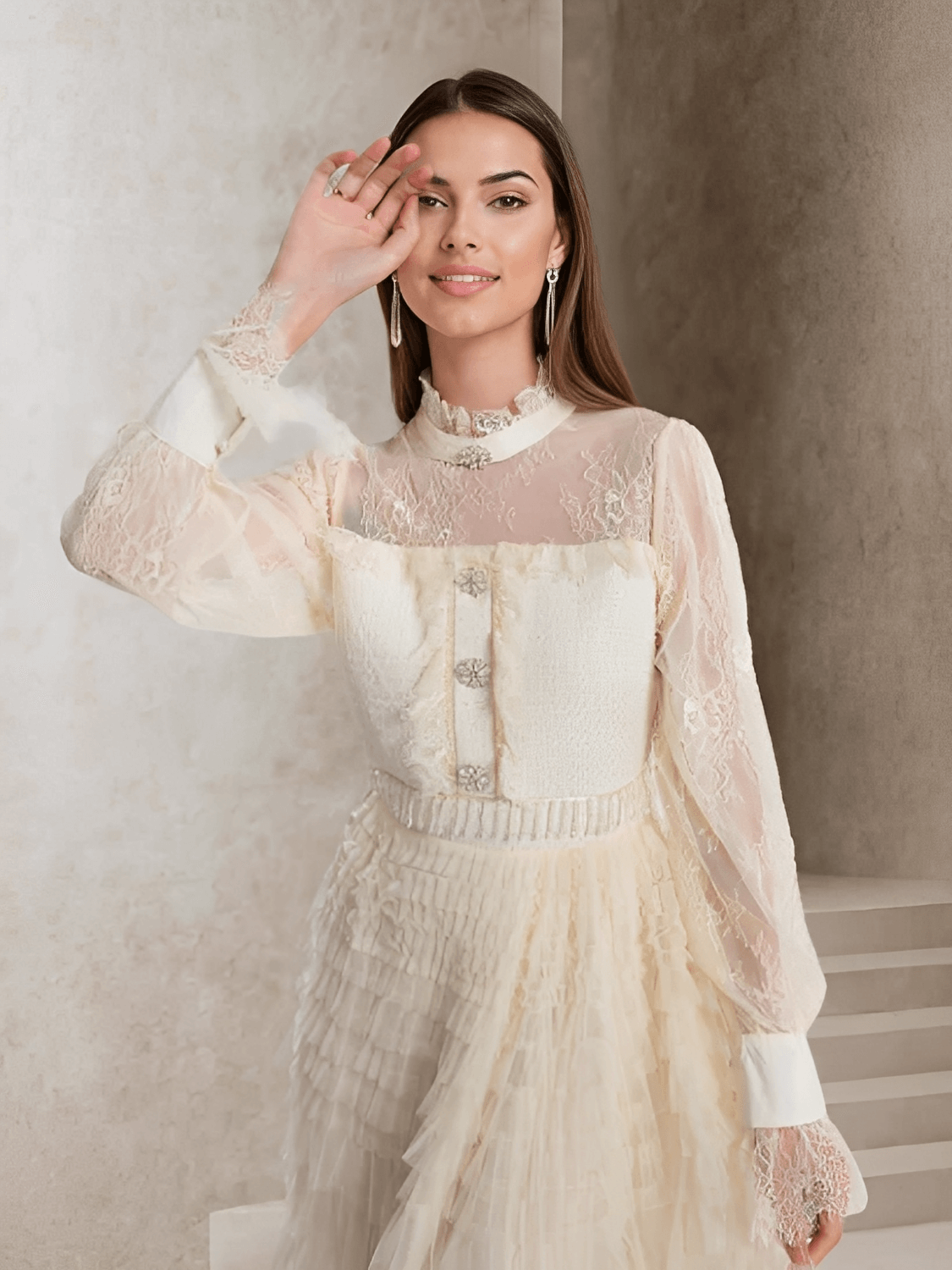 Vestido Midi Texturizado em Tweed Renda com Babados e Botões – Claire