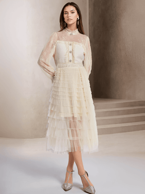 Vestido Midi Texturizado em Tweed Renda com Babados e Botões – Claire