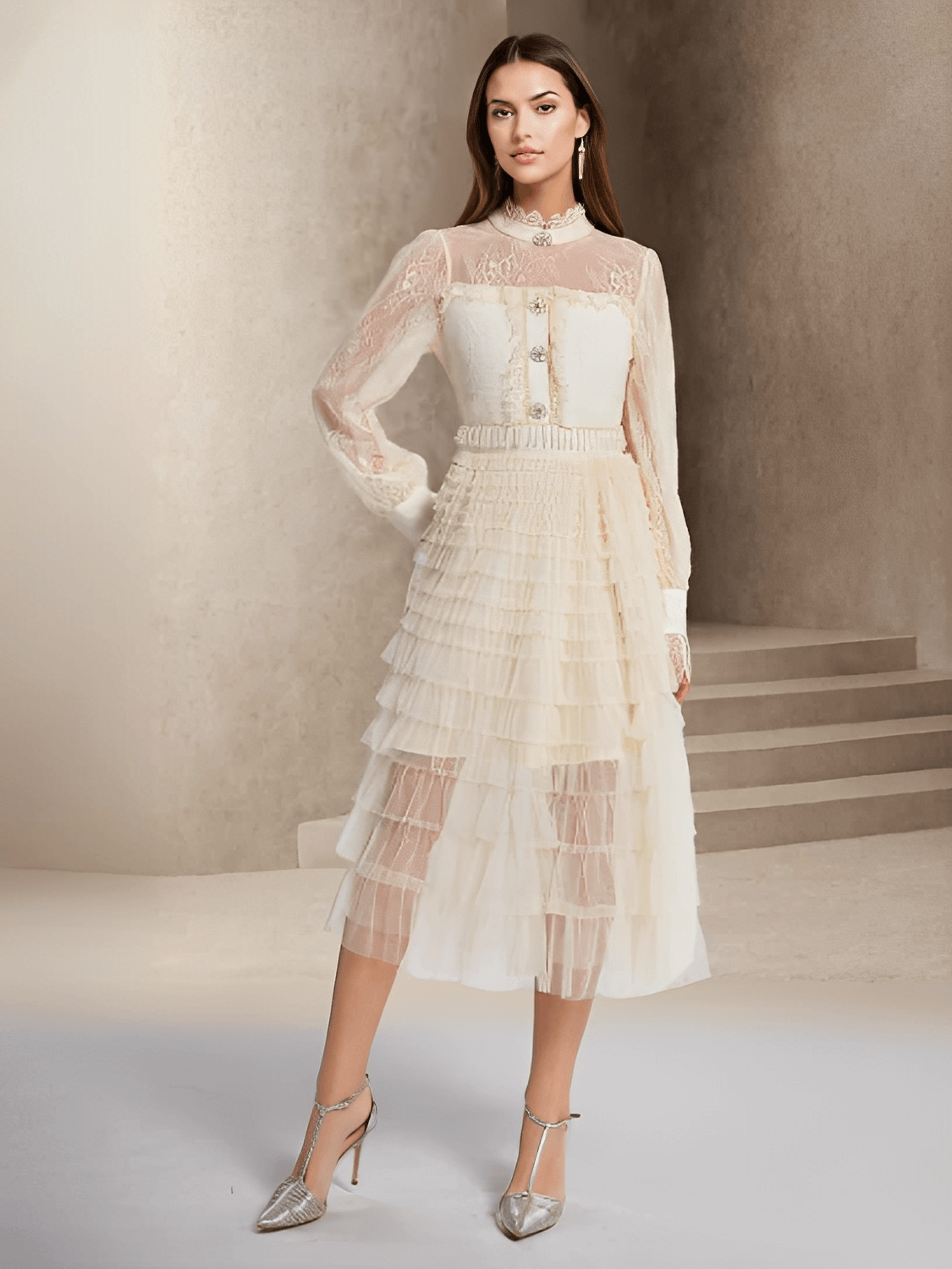 Vestido Midi Texturizado em Tweed Renda com Babados e Botões – Claire