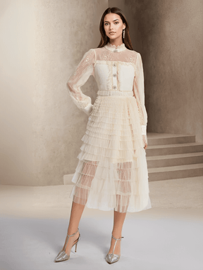 Vestido Midi Texturizado em Tweed Renda com Babados e Botões – Claire