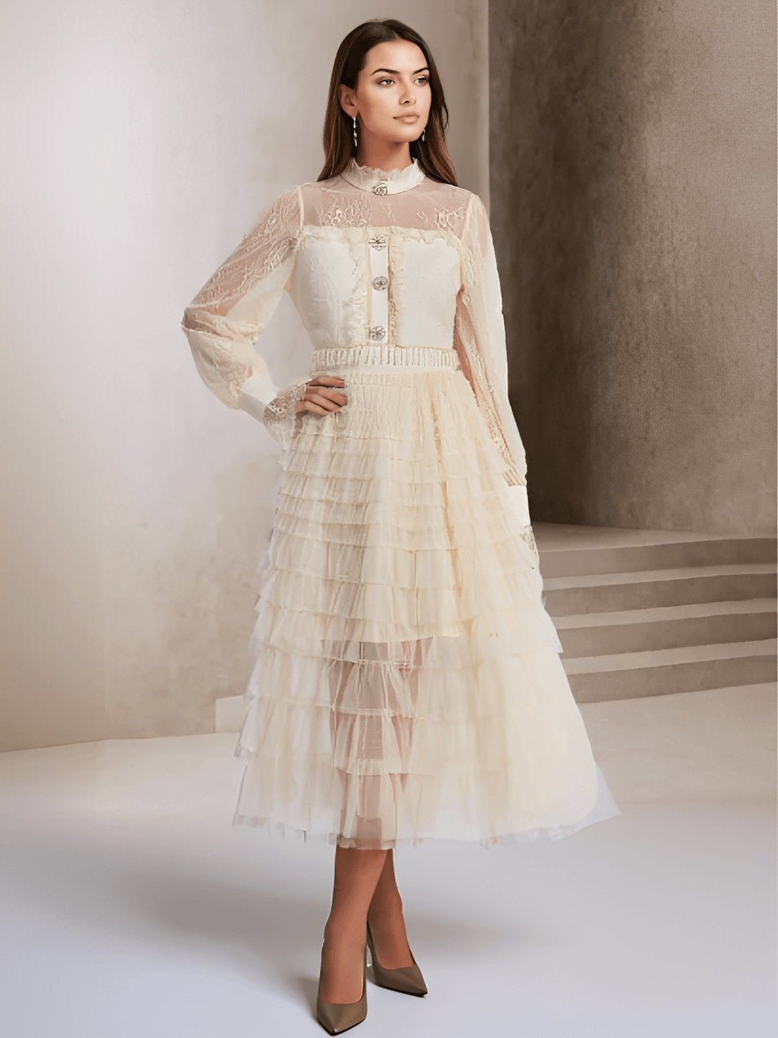 Vestido Midi Texturizado em Tweed Renda com Babados e Botões – Claire