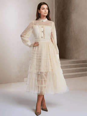 Vestido Midi Texturizado em Tweed Renda com Babados e Botões – Claire