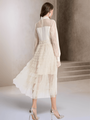 Vestido Midi Texturizado em Tweed Renda com Babados e Botões – Claire