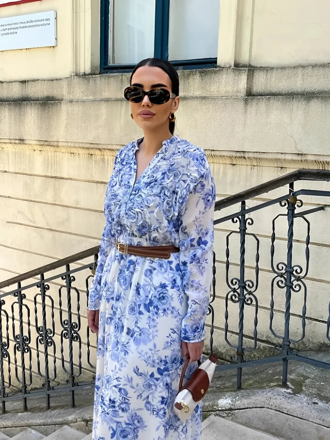 Vestido Midi Floral Azul em Chiffon com Decote V - Sara  [FRETE FULL]