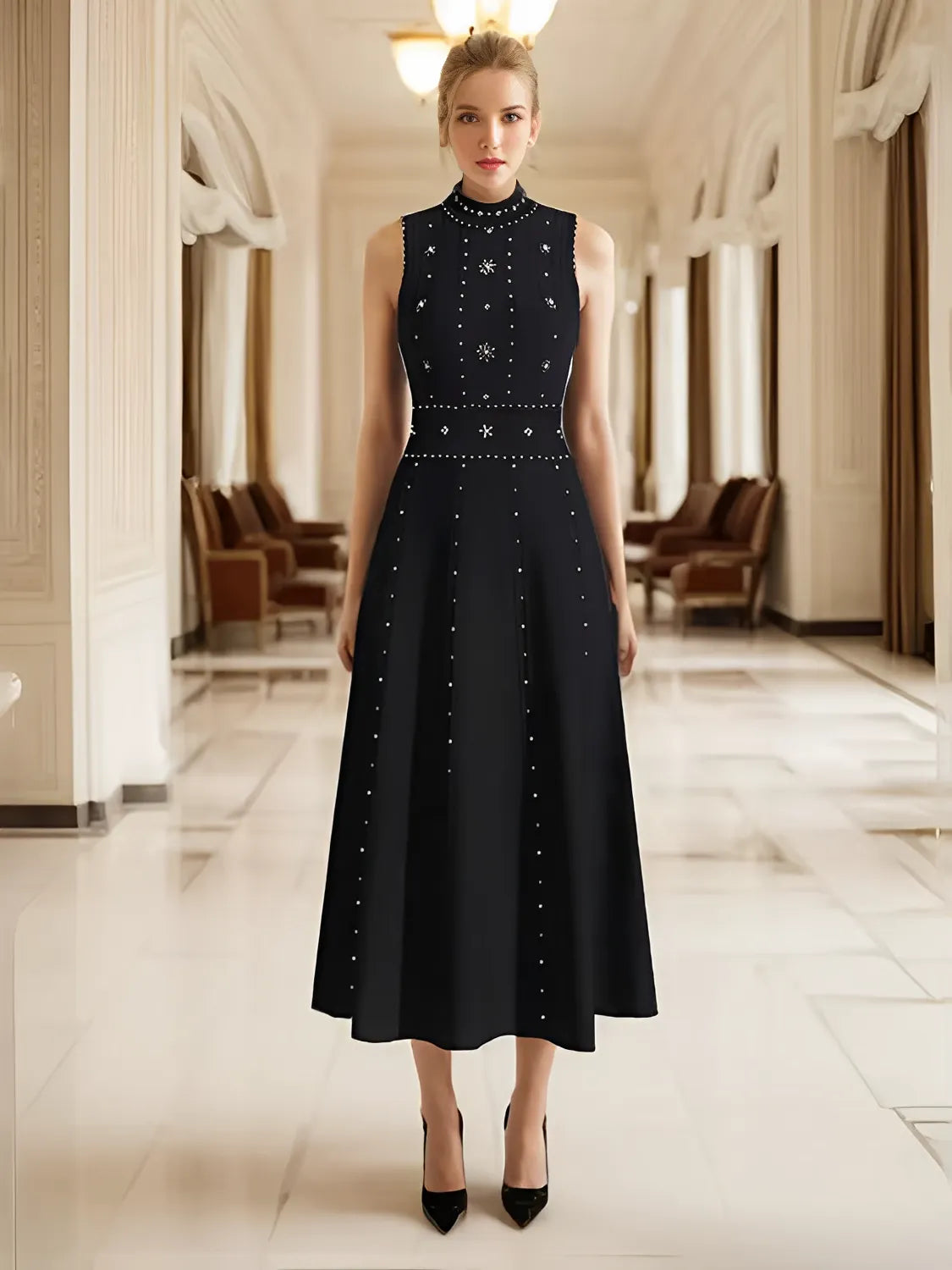 Vestido Midi Elegante com Gola Alta e Bordados em Pedraria – Penelope