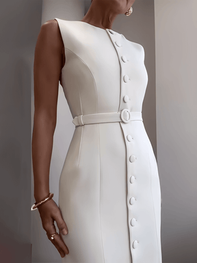 Vestido Midi Sem Mangas com Botões Forrados Cinto e Fenda – Selena