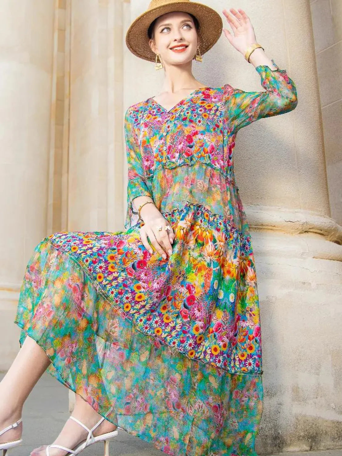 Vestido Midi Floral em Chiffon Estampado com Mangas Longas – Keila [FRETE FULL]