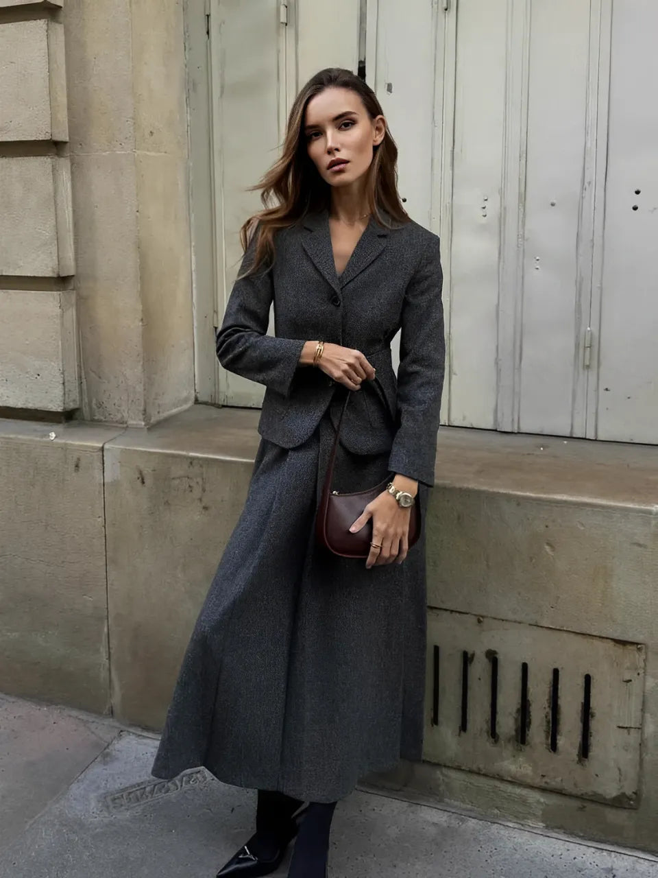 Conjunto de Blazer com Colarinho e Saia Midi em Lã Batida - Anastacia [FRETE FULL]