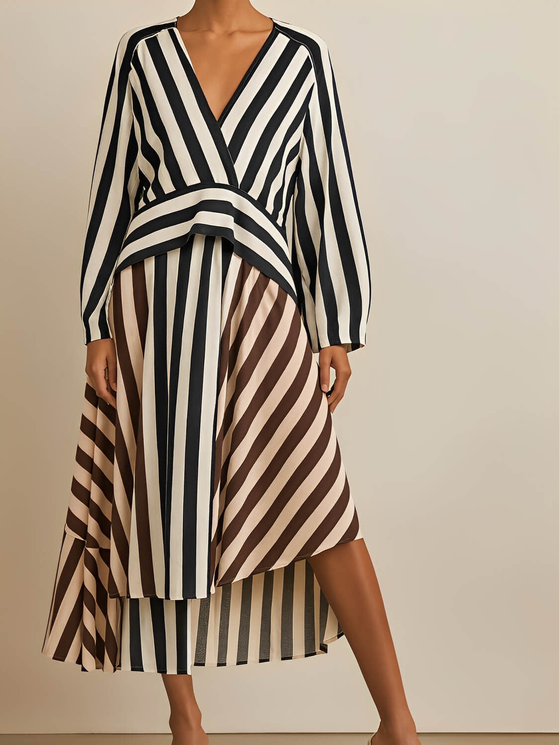 Vestido Mullet Listrado Manga Longa com Decote V Bicolor - Maris