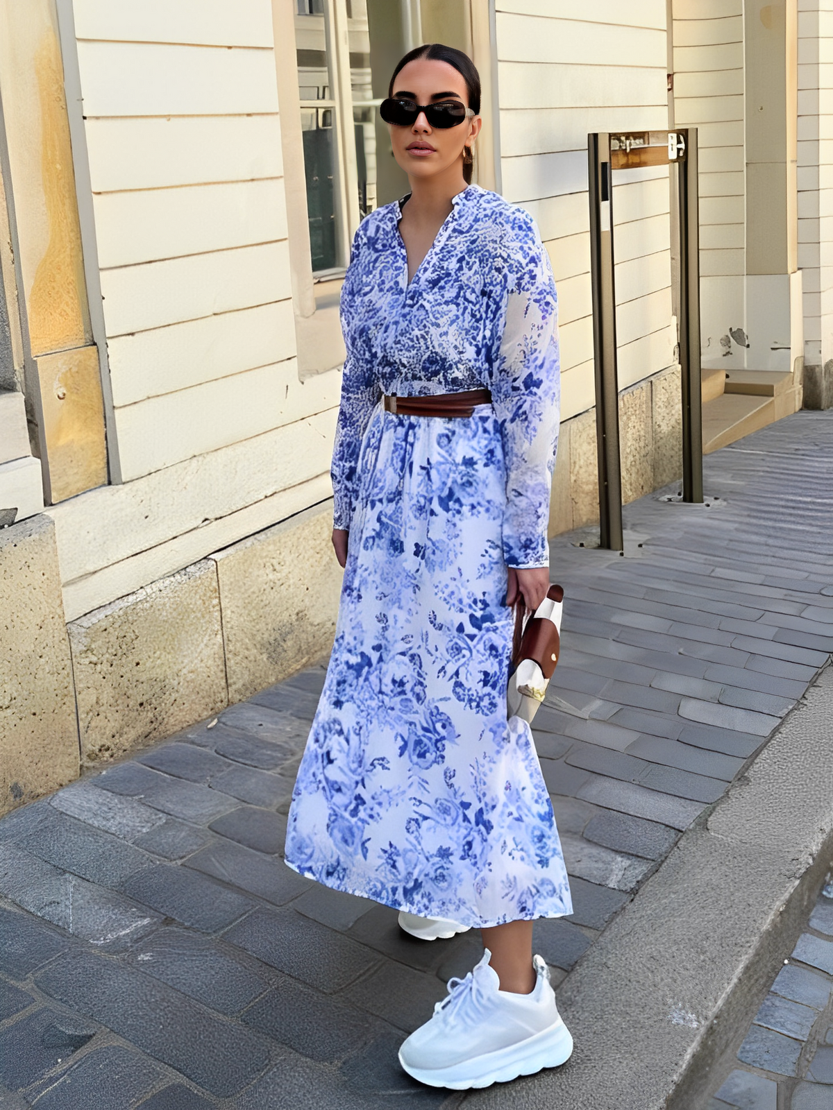 Vestido Midi Floral Azul em Chiffon com Decote V - Sara  [FRETE FULL]